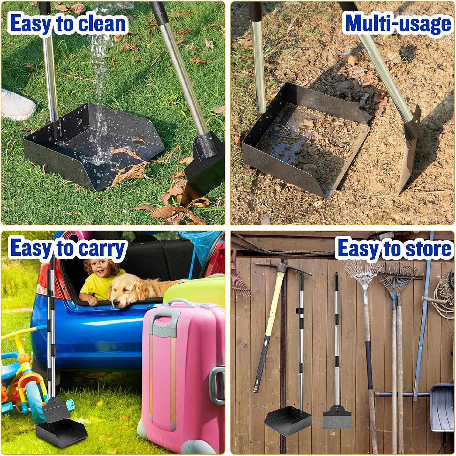 Ergonomic protective sleeve hand grips on the long handle poop scoop tools.