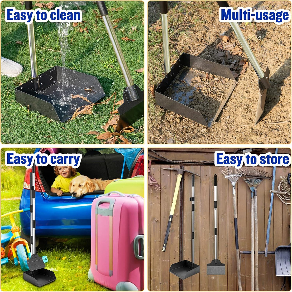Ergonomic protective sleeve hand grips on the long handle poop scoop tools.