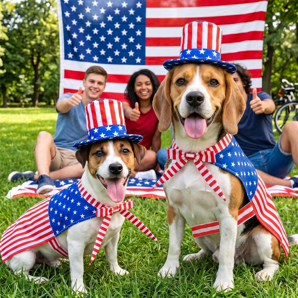 Vehomy American flag pet outfit packaged set showing cape and top hat.