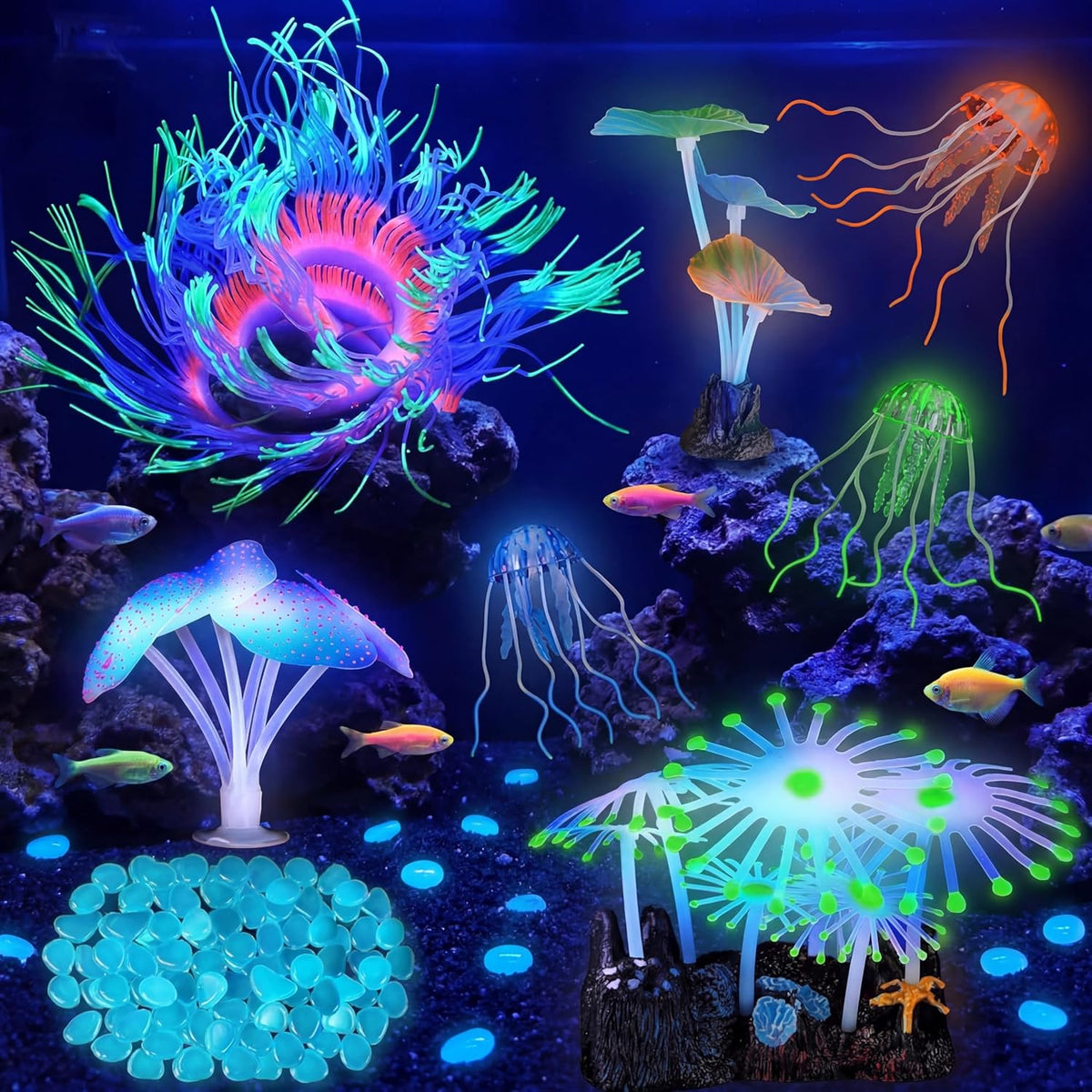 Weewooday glowing aquarium decorations set front view fish tank accessories