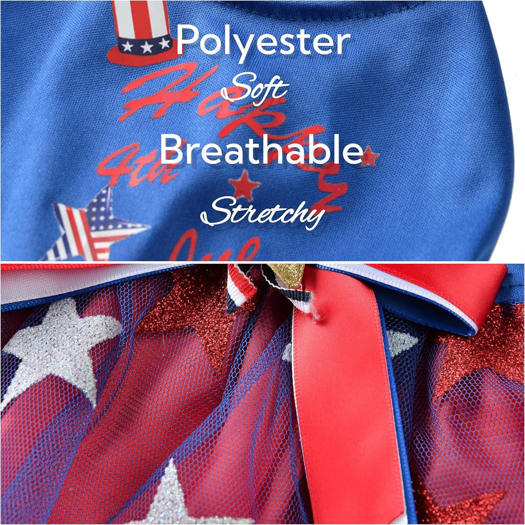 Back view of the YSTAR patriotic puppy dress showcasing the large blue satin bow accent