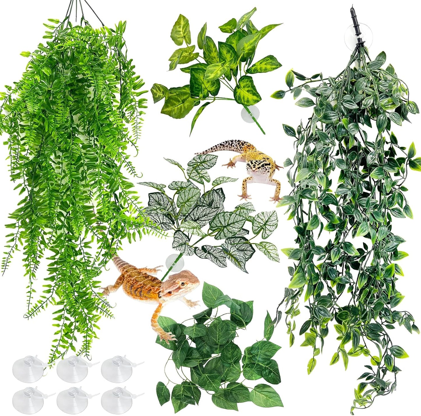 Hamiledyi 5 Pcs Reptile Plants Terrarium Hanging Fake Plant Leaves, Bearded Dragon Tank Accessories, Habitat Decor for Snake Leopard Gecko Lizard Chameleon Spider Turtle (Style 3) - Image 12