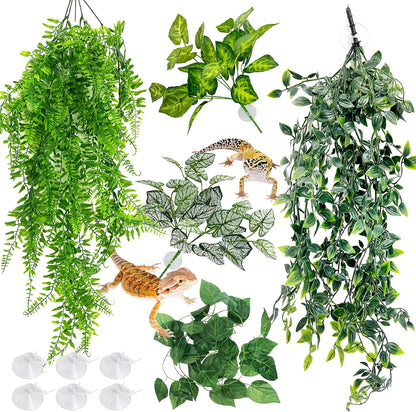 Hamiledyi 5 Pcs Reptile Plants Terrarium Hanging Fake Plant Leaves, Bearded Dragon Tank Accessories, Habitat Decor for Snake Leopard Gecko Lizard Chameleon Spider Turtle (Style 3) - Image 12