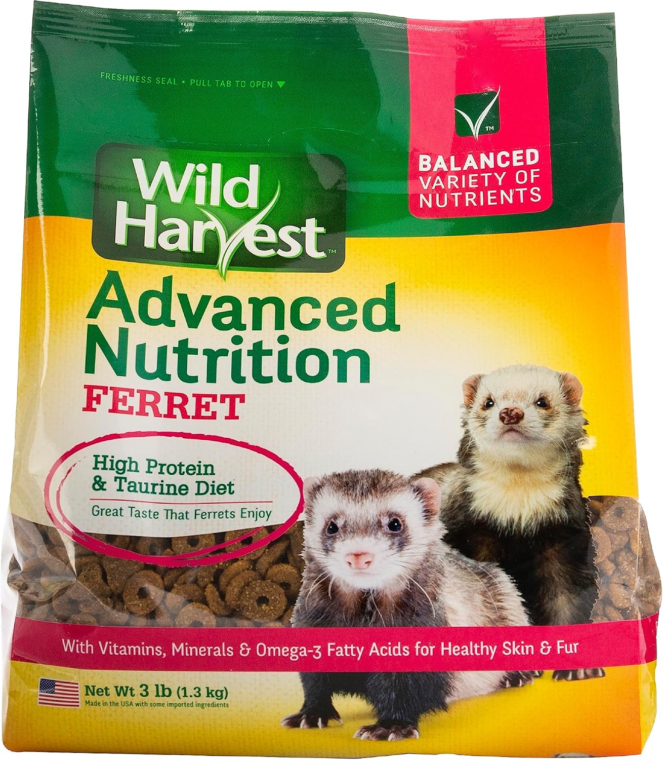 Wild Harvest Advanced Nutrition Ferret Food front view of the three pound packaging.