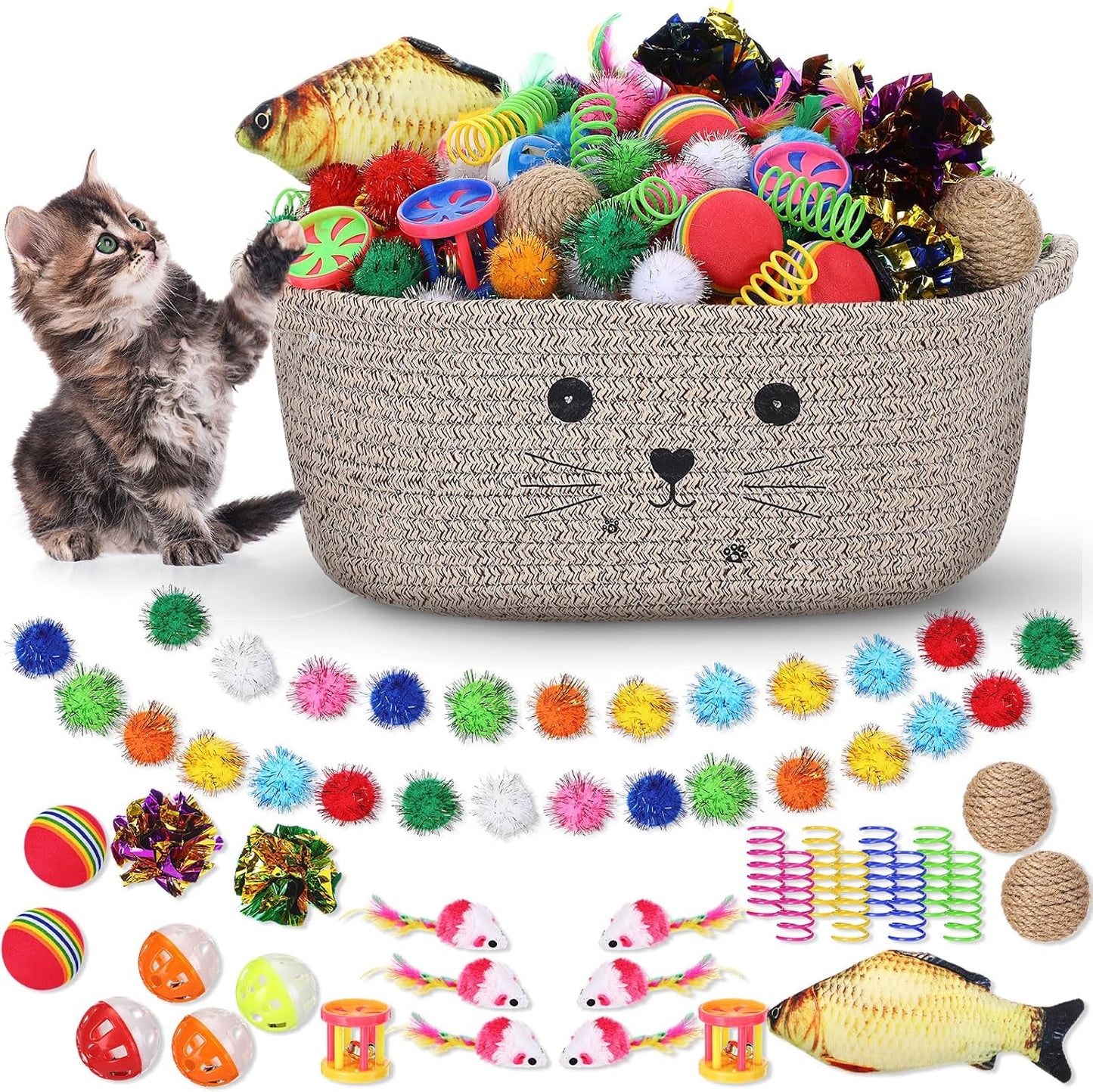 Zopeal 58 Pcs Summer Cat Storage Basket Gift Toys Set, Colorful Flashing Balls Pet Bell Crinkle Balls Spring Toys Attract Cat to Swat, Hunt, Interactive for Pet(Grey,9.8 Inch) - Image 9