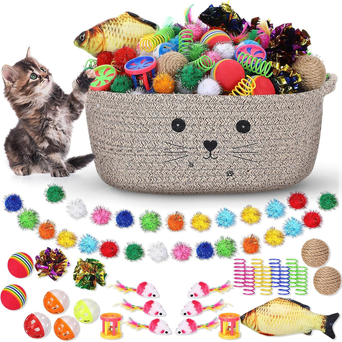 Zopeal 58 Pcs Summer Cat Storage Basket Gift Toys Set, Colorful Flashing Balls Pet Bell Crinkle Balls Spring Toys Attract Cat to Swat, Hunt, Interactive for Pet(Grey,9.8 Inch) - Image 9