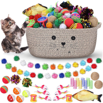 Zopeal 58 Pcs Summer Cat Storage Basket Gift Toys Set, Colorful Flashing Balls Pet Bell Crinkle Balls Spring Toys Attract Cat to Swat, Hunt, Interactive for Pet(Grey,9.8 Inch) - Image 9