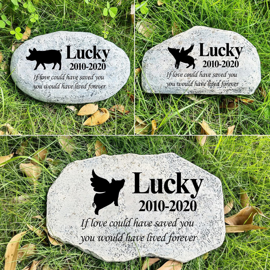 Decorative pet grave marker in a peaceful garden setting