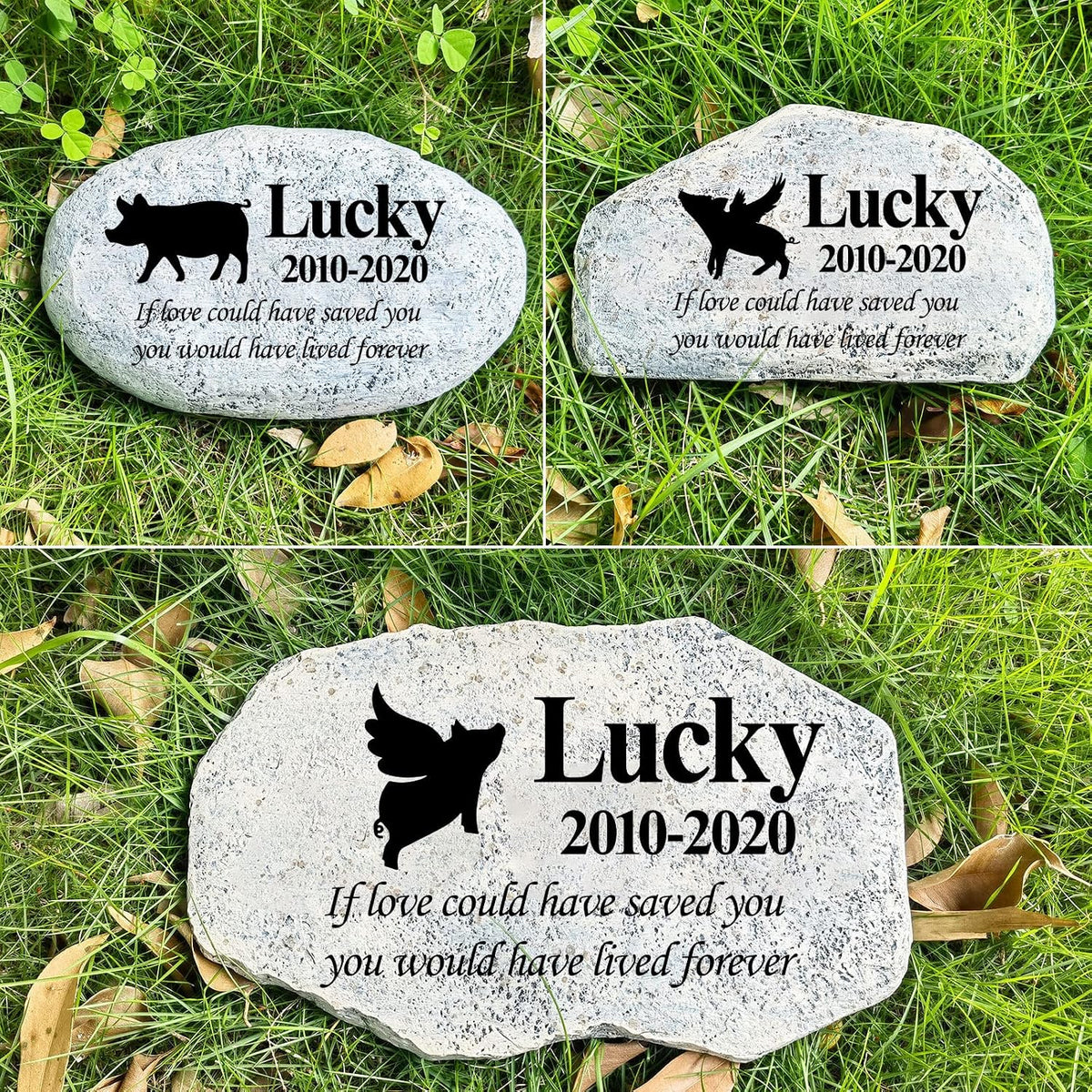 Decorative pet grave marker in a peaceful garden setting