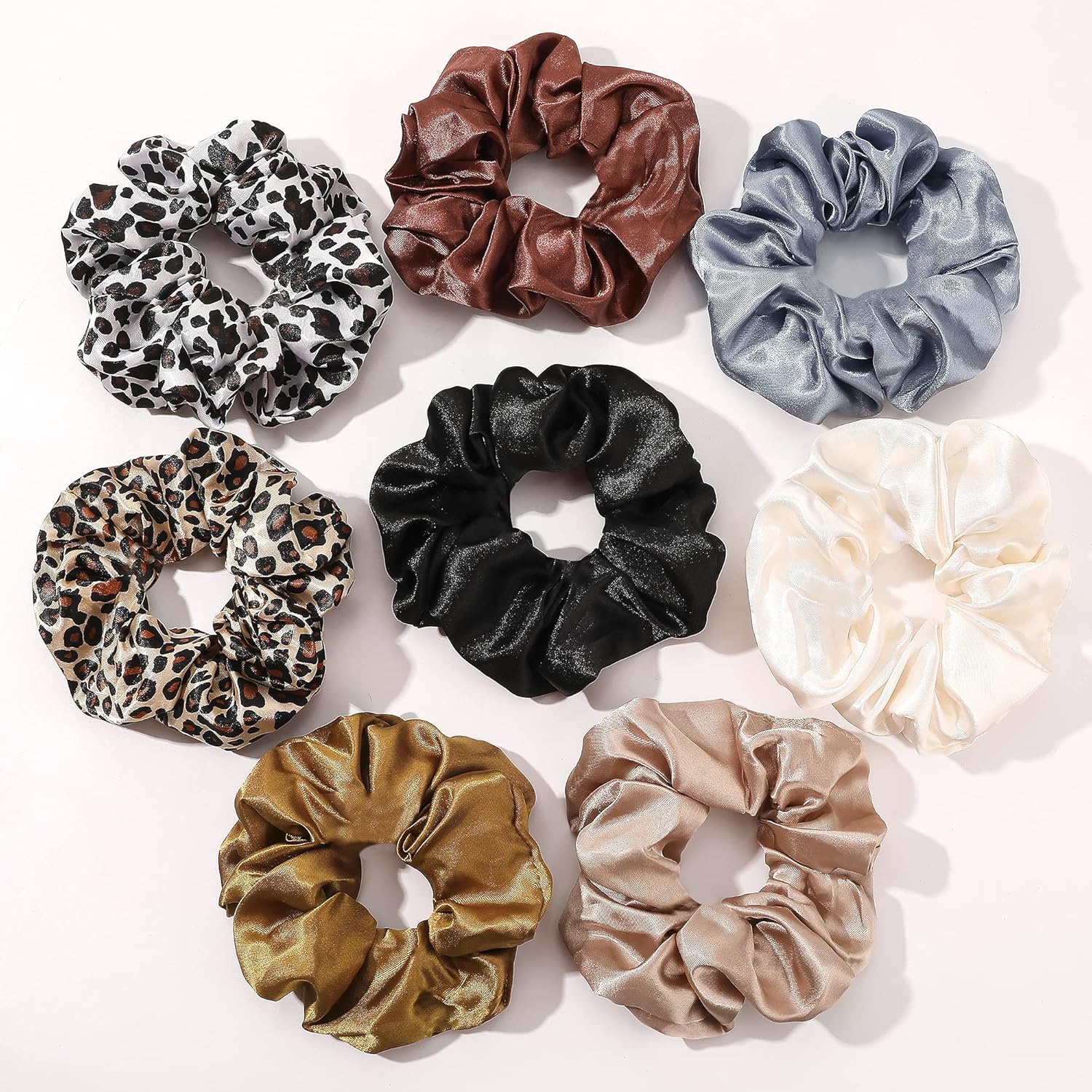 Ivyu Silk Satin Hair Scrunchies front view showing assorted neutral colors.