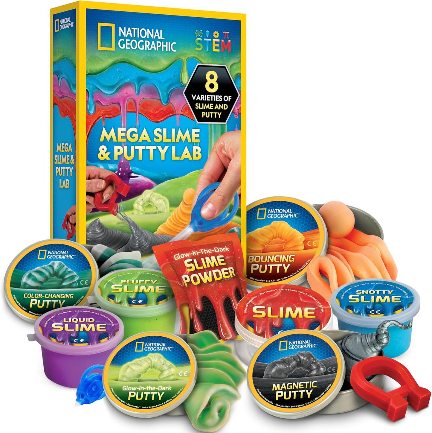 National Geographic Mega Slime Kit and Putty Lab box front view showing eight varieties of sensory toys