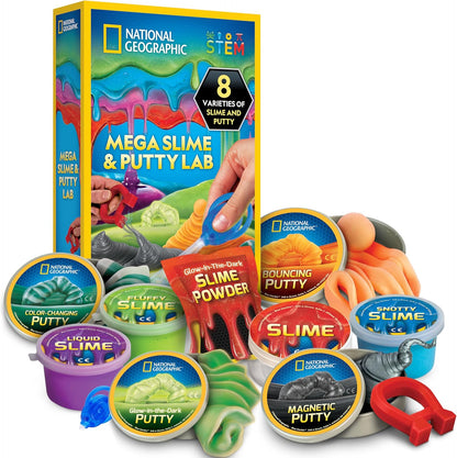 National Geographic Mega Slime Kit and Putty Lab box front view showing eight varieties of sensory toys
