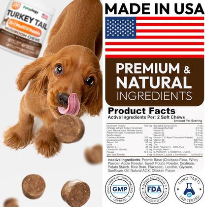 Petsology multi-pack container of mushroom soft chews for comprehensive pet vitality.