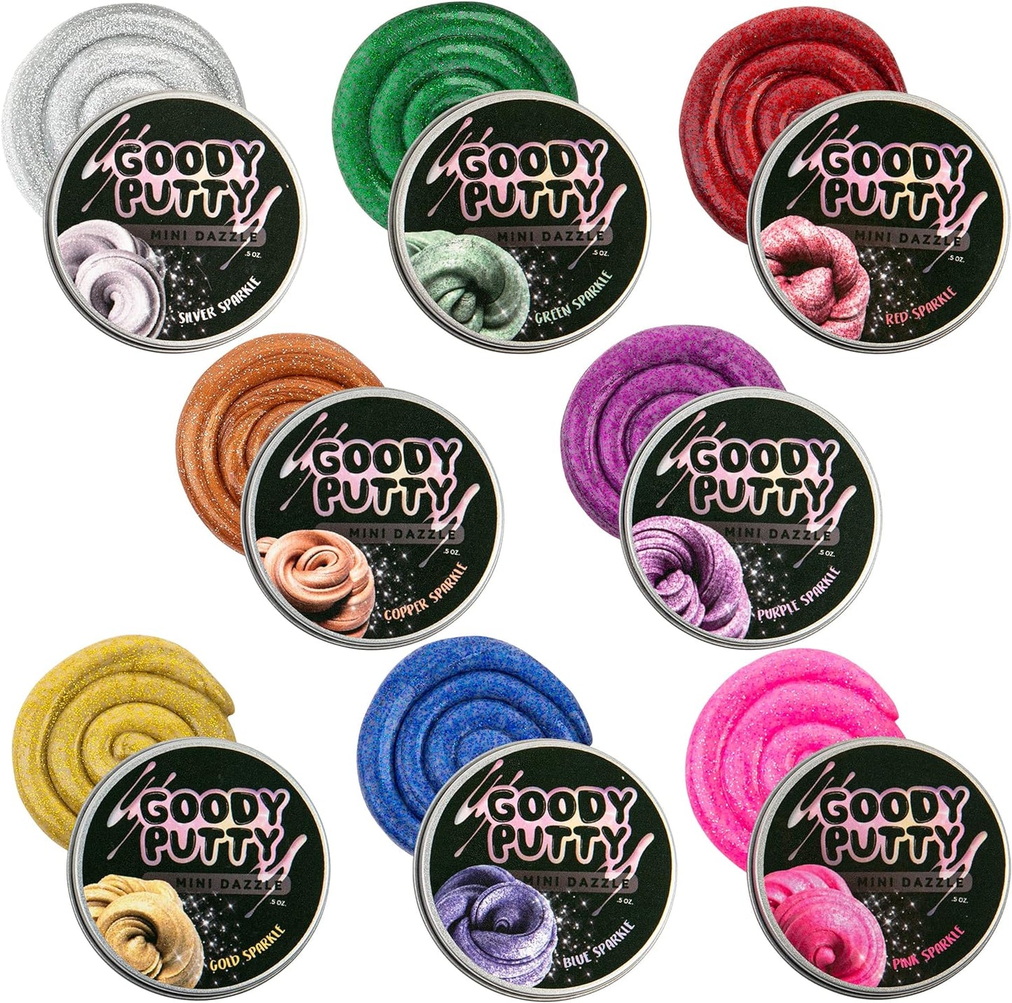 Goody Putty Dazzle Mini sensory glitter tins 8 pack front view displaying vibrant shimmering colors.