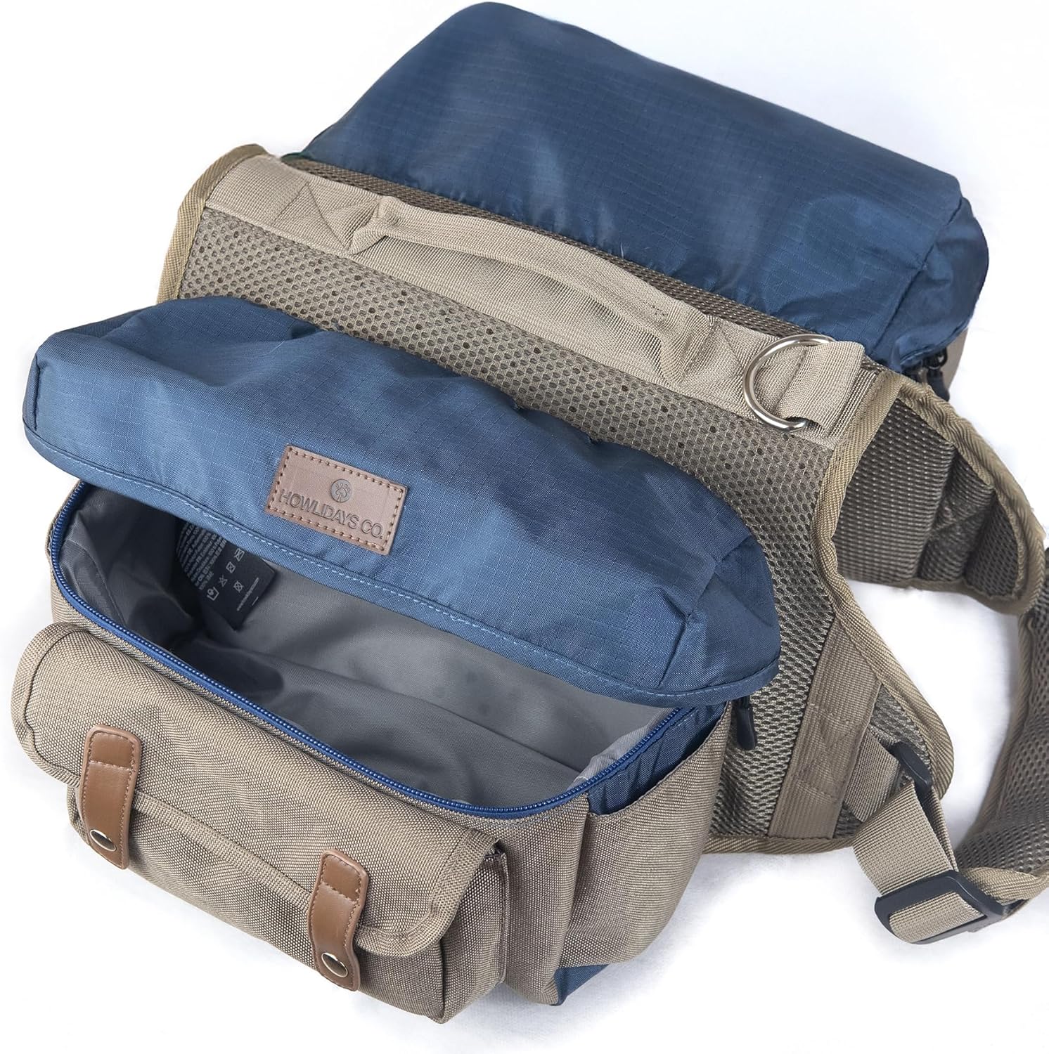Waterproof nylon dog backpack showing heavy duty handle and leash D ring
