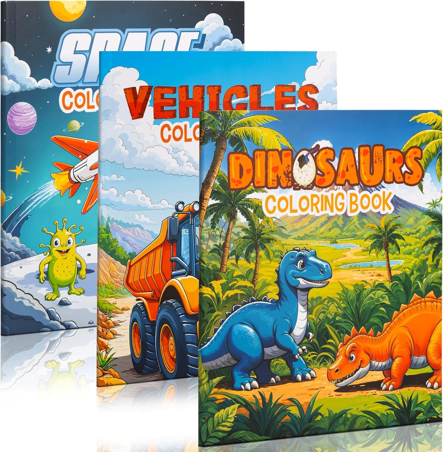 ZICOTO fun coloring books for kids set of three front view showing dinosaur space and truck themes