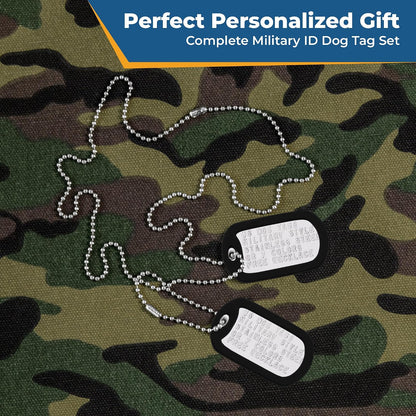 Custom US Military ID tags in black stainless steel finish with silencers
