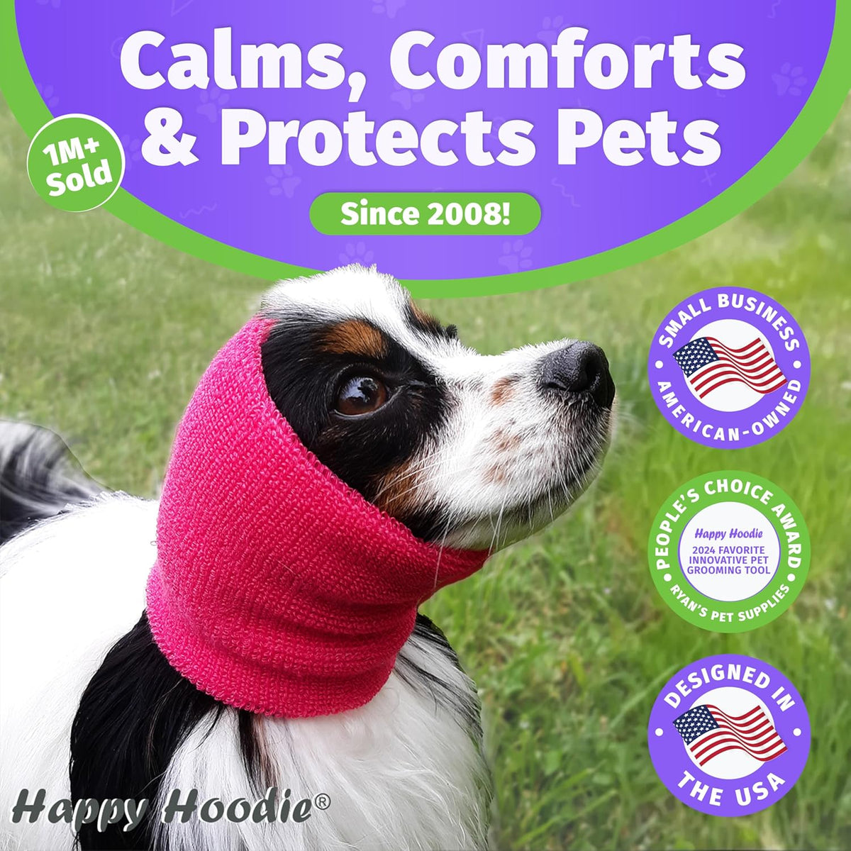 Zoni Pets pet calming wrap in black fabric highlighting expandable ear protection