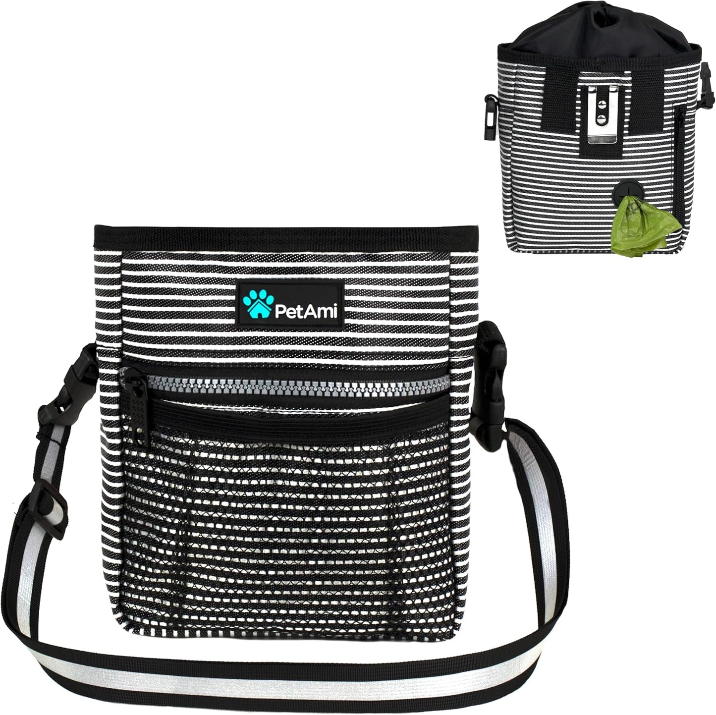 Reflective pet training pouch for safe evening neighborhood walks.