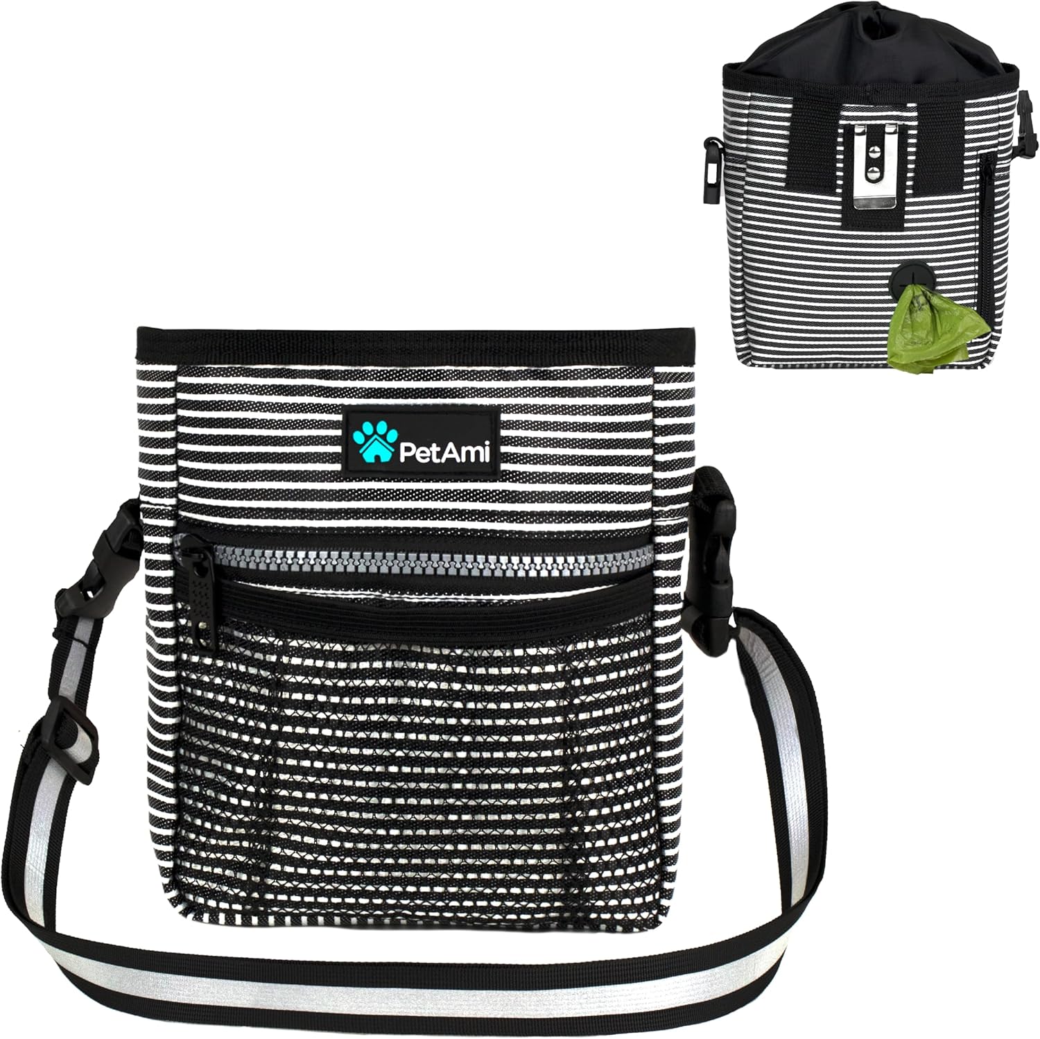 Reflective pet training pouch for safe evening neighborhood walks.