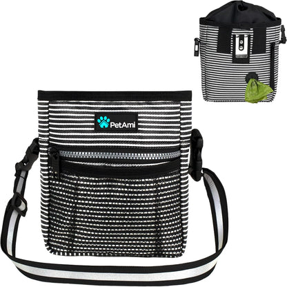Reflective pet training pouch for safe evening neighborhood walks.