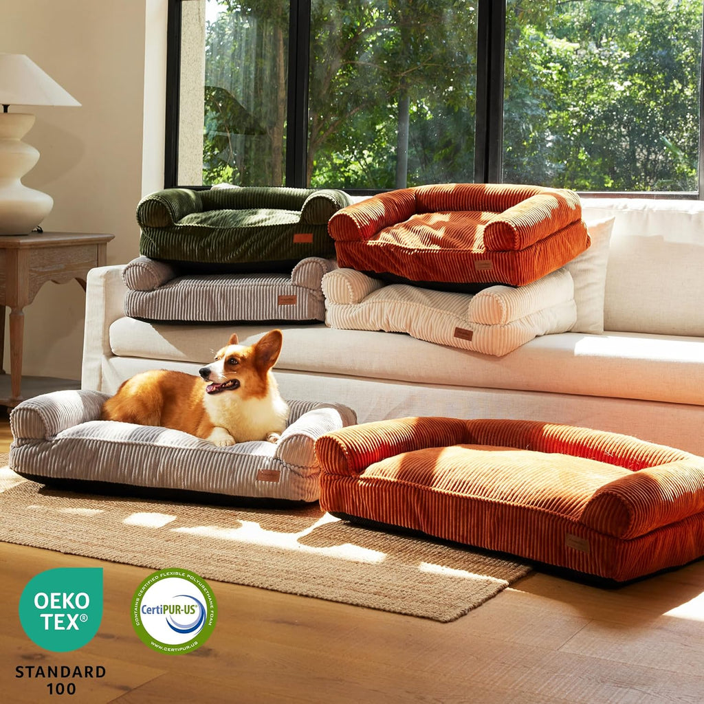 FUKUMARU small dog sofa bed detailing the plush premium corduroy fabric texture