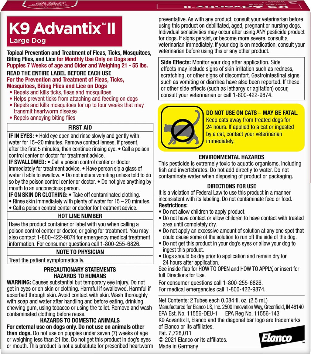 Elanco K9 Advantix II topical solution tubes for large dogs weighing twenty-one to fifty-five pounds.