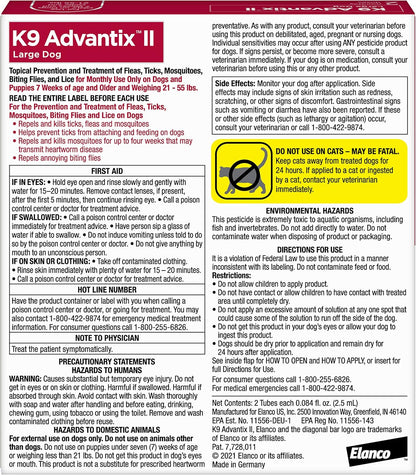 Elanco K9 Advantix II topical solution tubes for large dogs weighing twenty-one to fifty-five pounds.