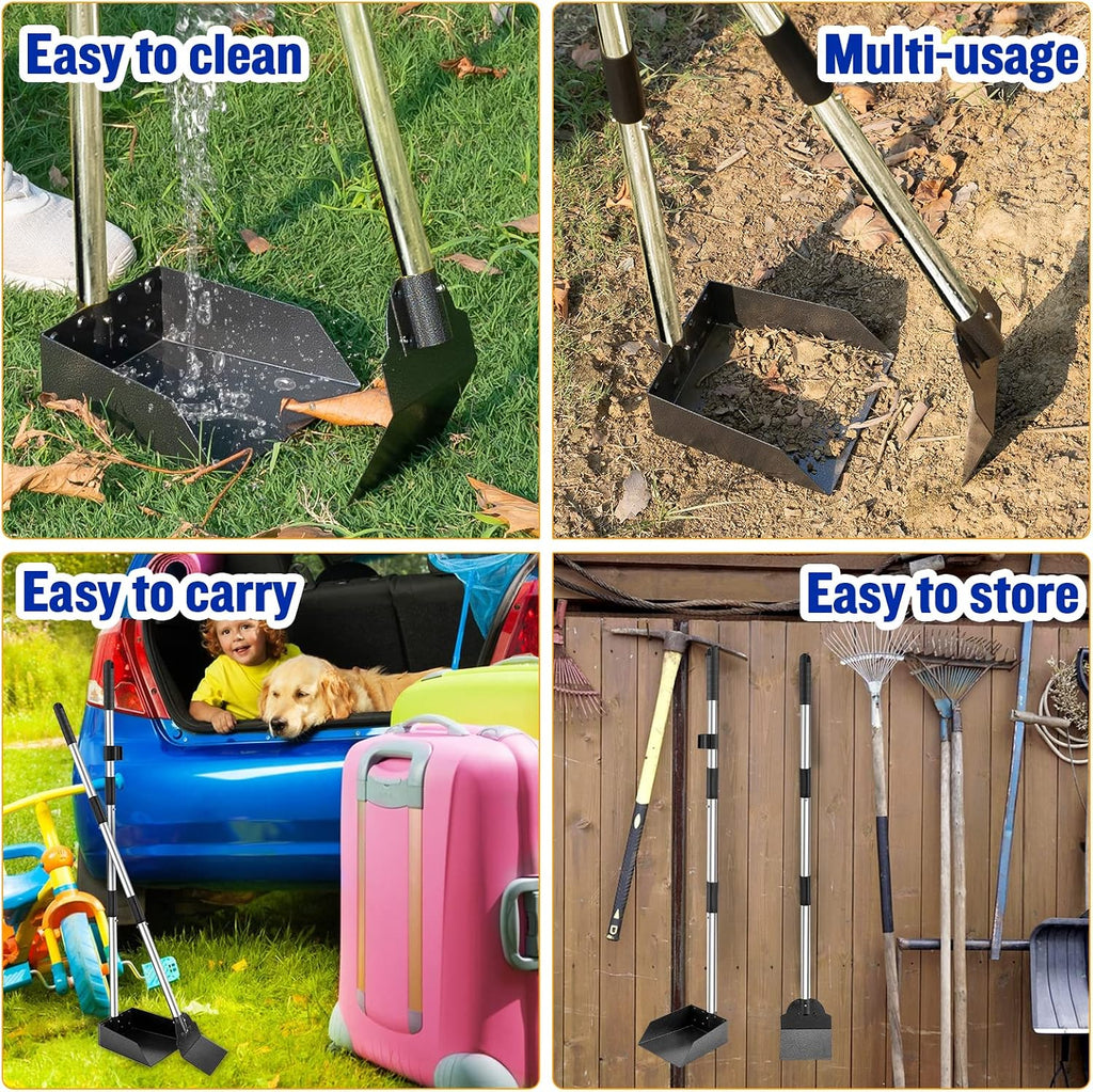 Rust resistant aluminum rake and flat spade attachments for multi surface dog waste pickup.