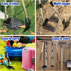 Rust resistant aluminum rake and flat spade attachments for multi surface dog waste pickup.