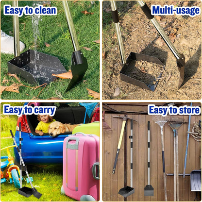 Rust resistant aluminum rake and flat spade attachments for multi surface dog waste pickup.