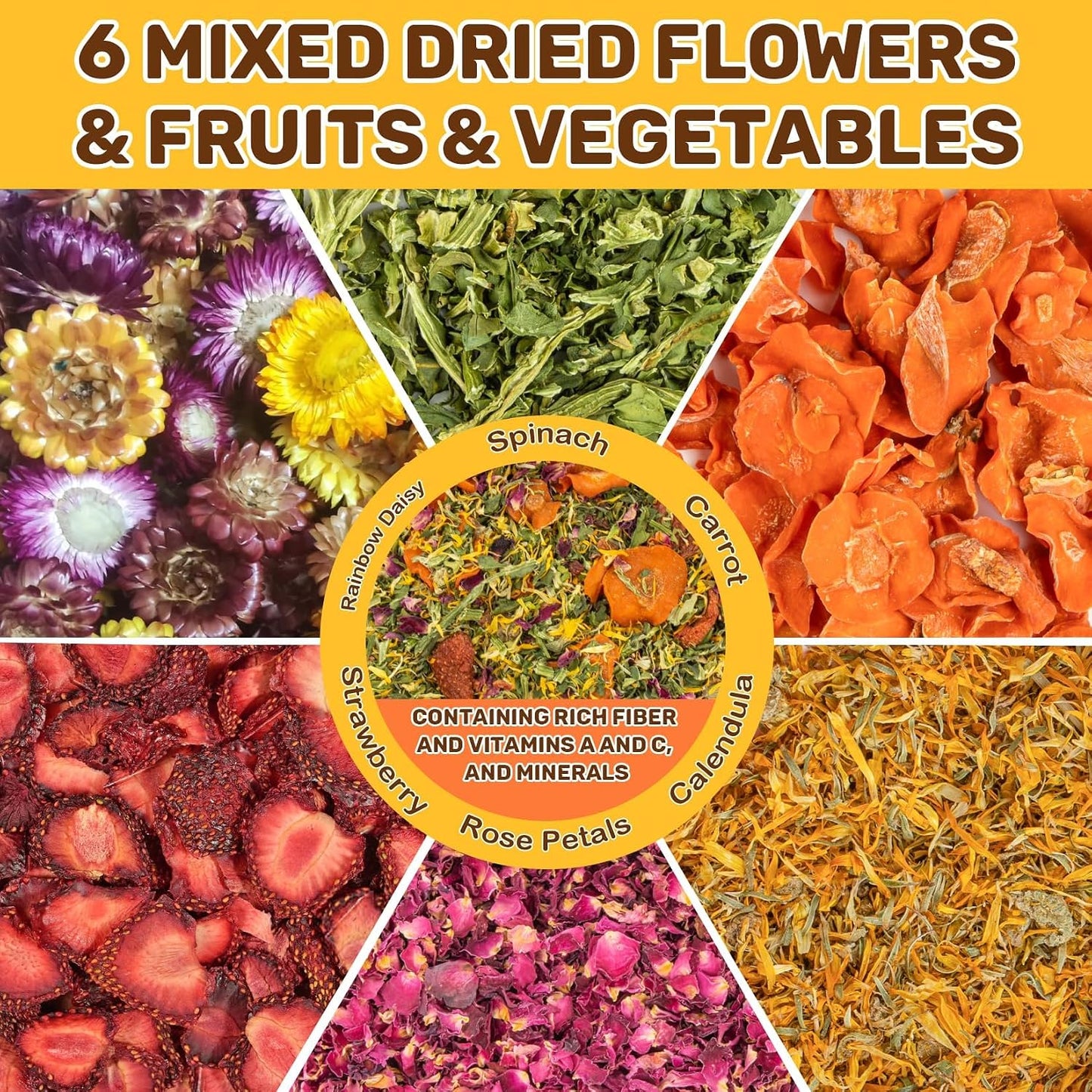 Sukh small pet food topper displaying dried flowers carrots and strawberries.