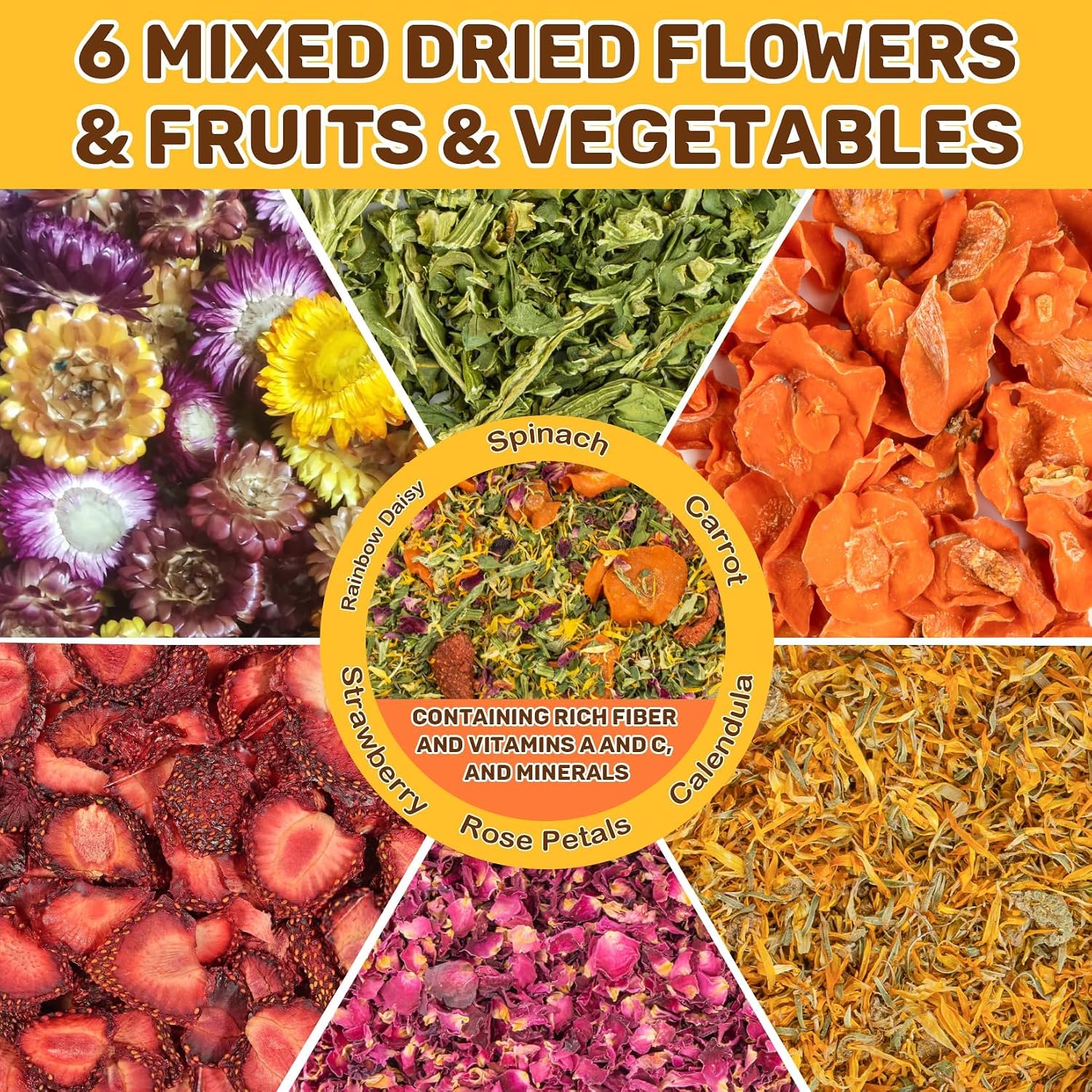Sukh small pet food topper displaying dried flowers carrots and strawberries.