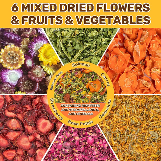 Sukh small pet food topper displaying dried flowers carrots and strawberries.