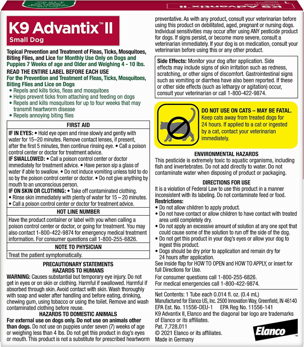 K9 Advantix II for small dogs four to ten pounds monthly dose tube