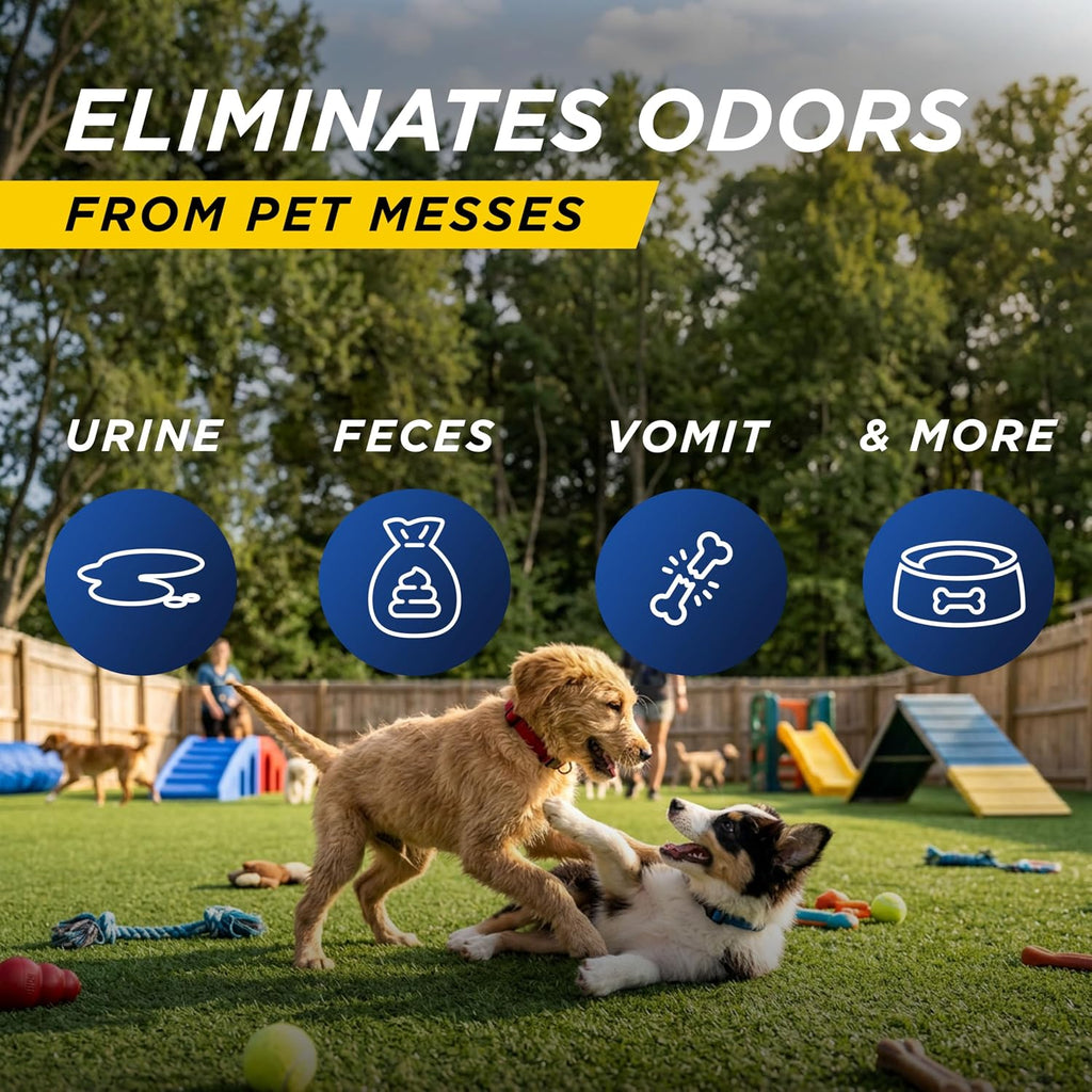 Outdoor pet deodorizer being sprayed onto artificial turf lawn