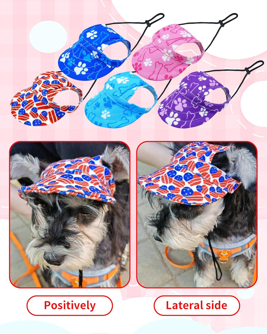 Small dog wearing Pet Show American flag baseball hat