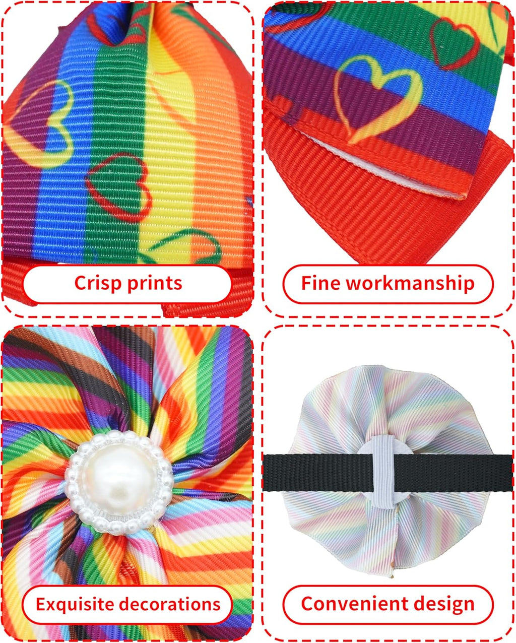 Pet Show striped festive bow tie charm with heart graphics attached to a standard pet collar.