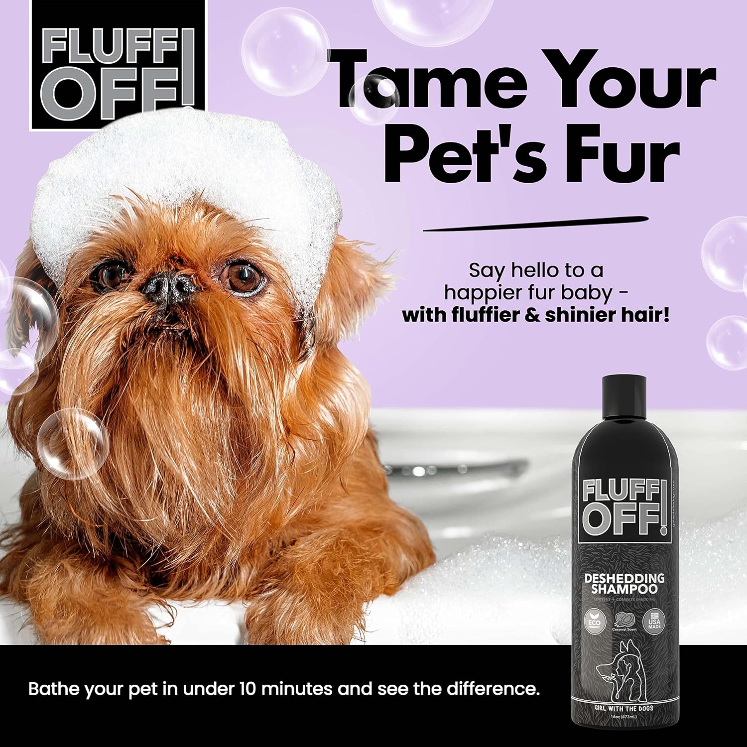 Girl With The Dogs Fluff Off coconut scented pet shampoo back label instructions