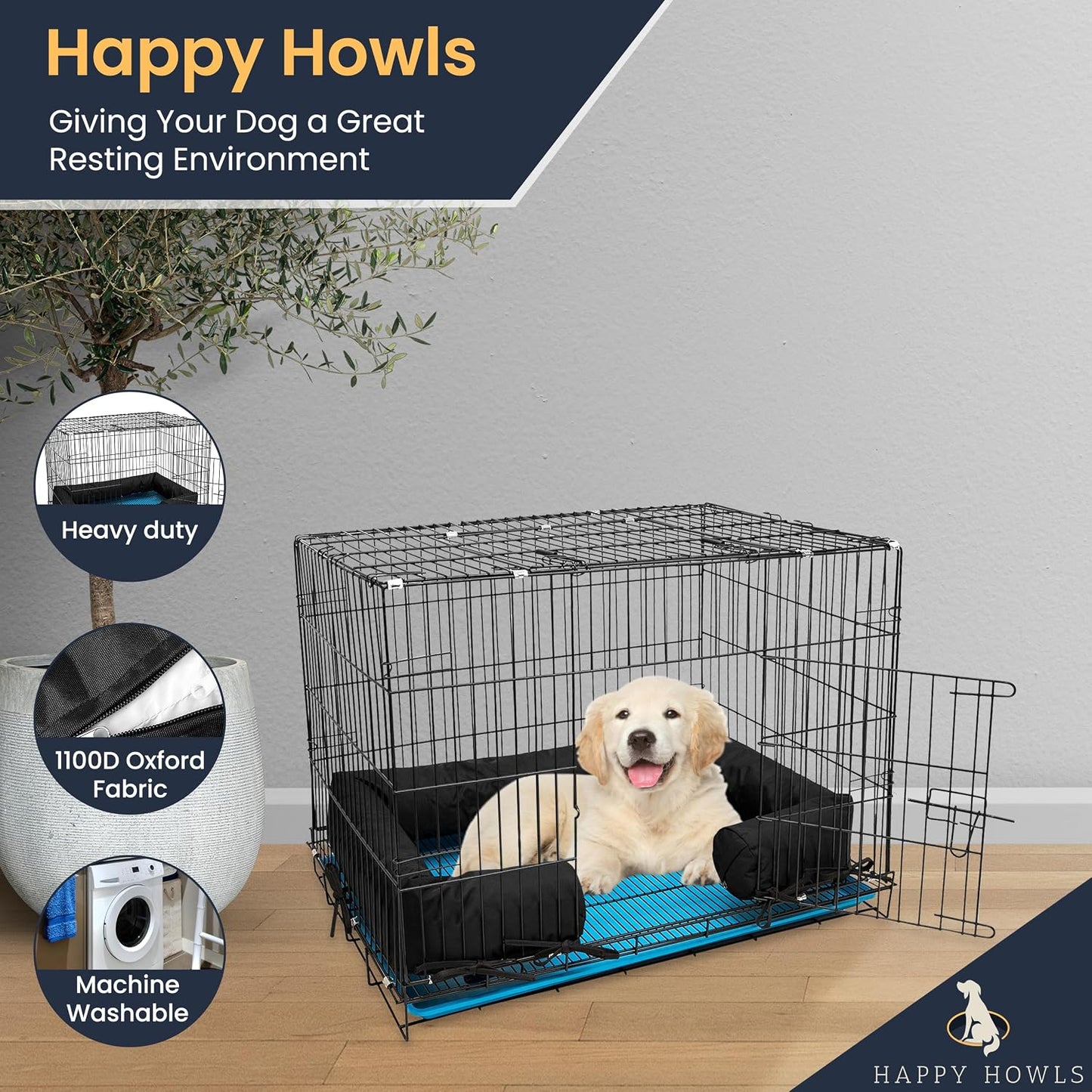 Happy Howls forty-two inch dog cage bumper highlighting the reinforced attachment ties.