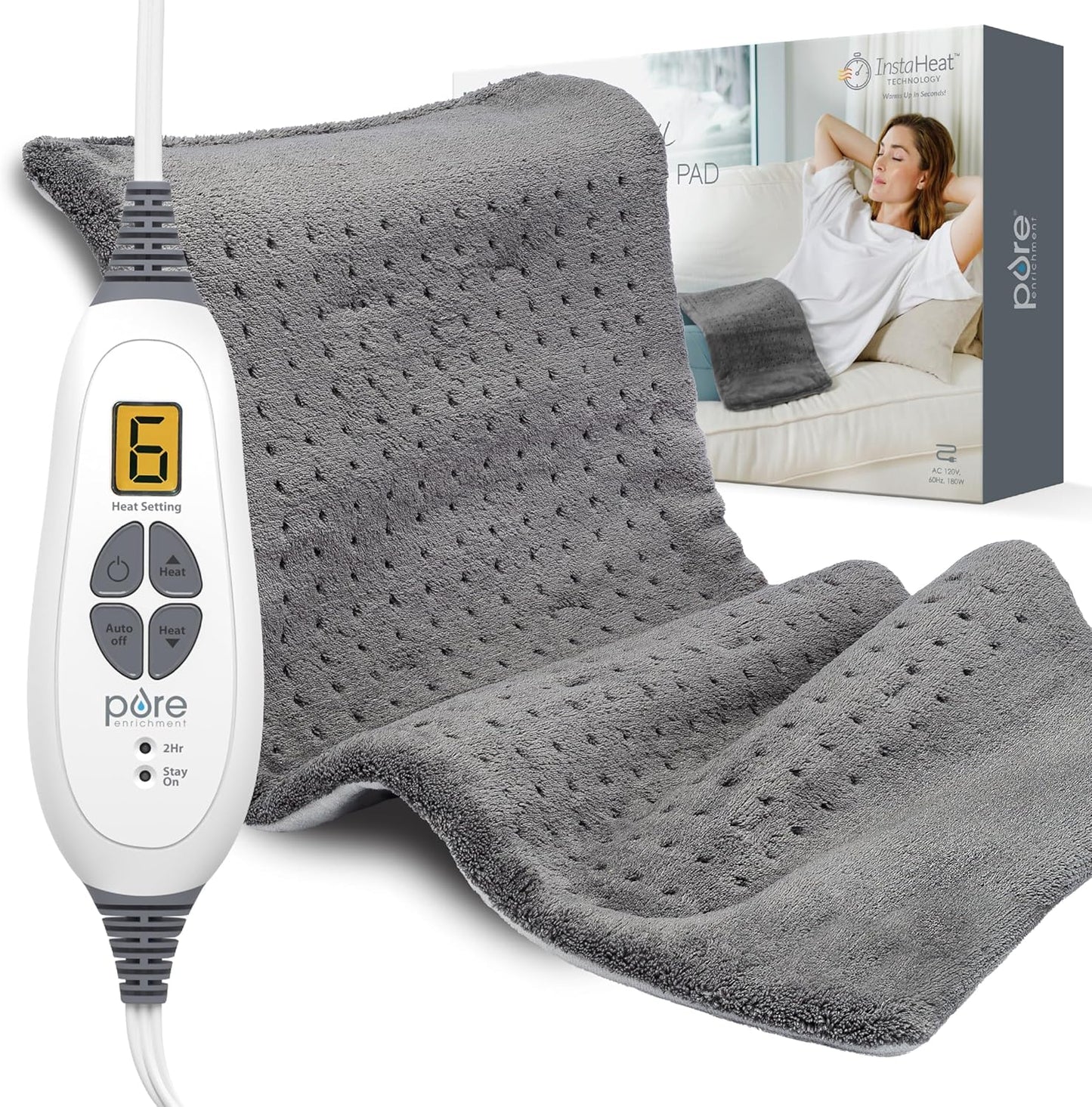 Pure Enrichment PureRelief Extra Large Heating Pad front view showing charcoal gray plush fabric and digital controller