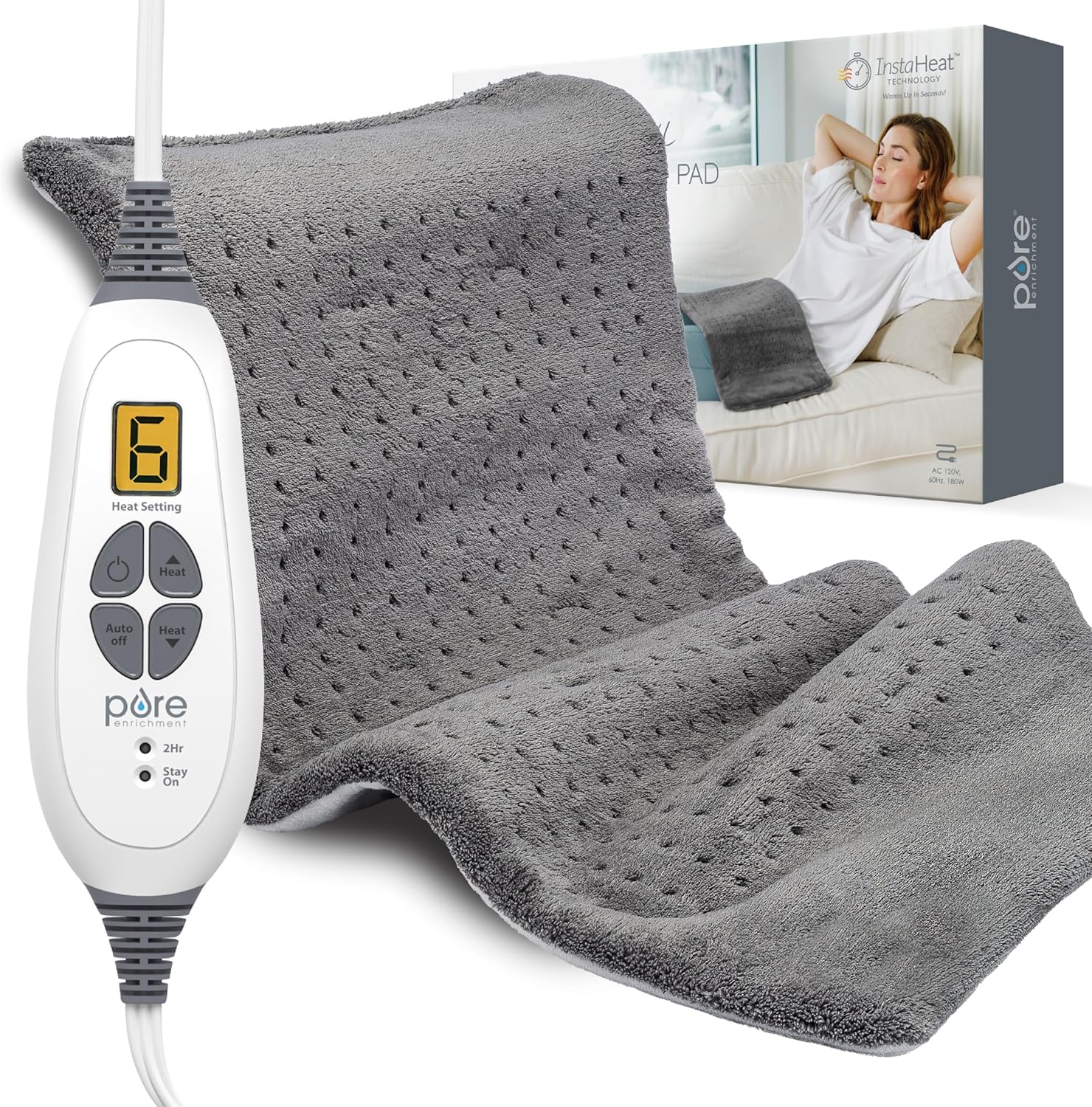 Pure Enrichment PureRelief Extra Large Heating Pad front view showing charcoal gray plush fabric and digital controller