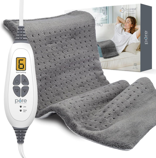 Pure Enrichment PureRelief Extra Large Heating Pad front view showing charcoal gray plush fabric and digital controller