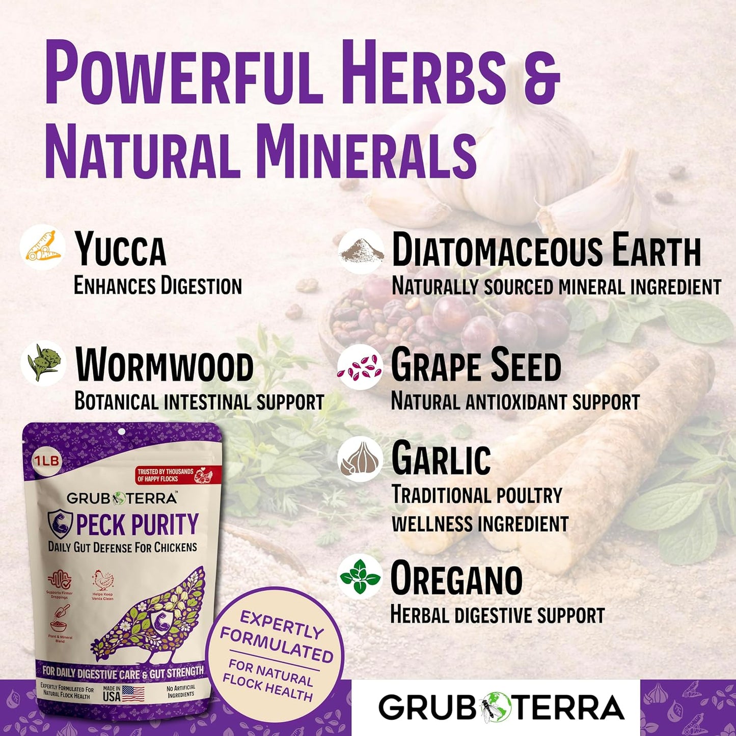 GrubTerra PeckPurity USA imported poultry supplement for cleaner vents and firm droppings