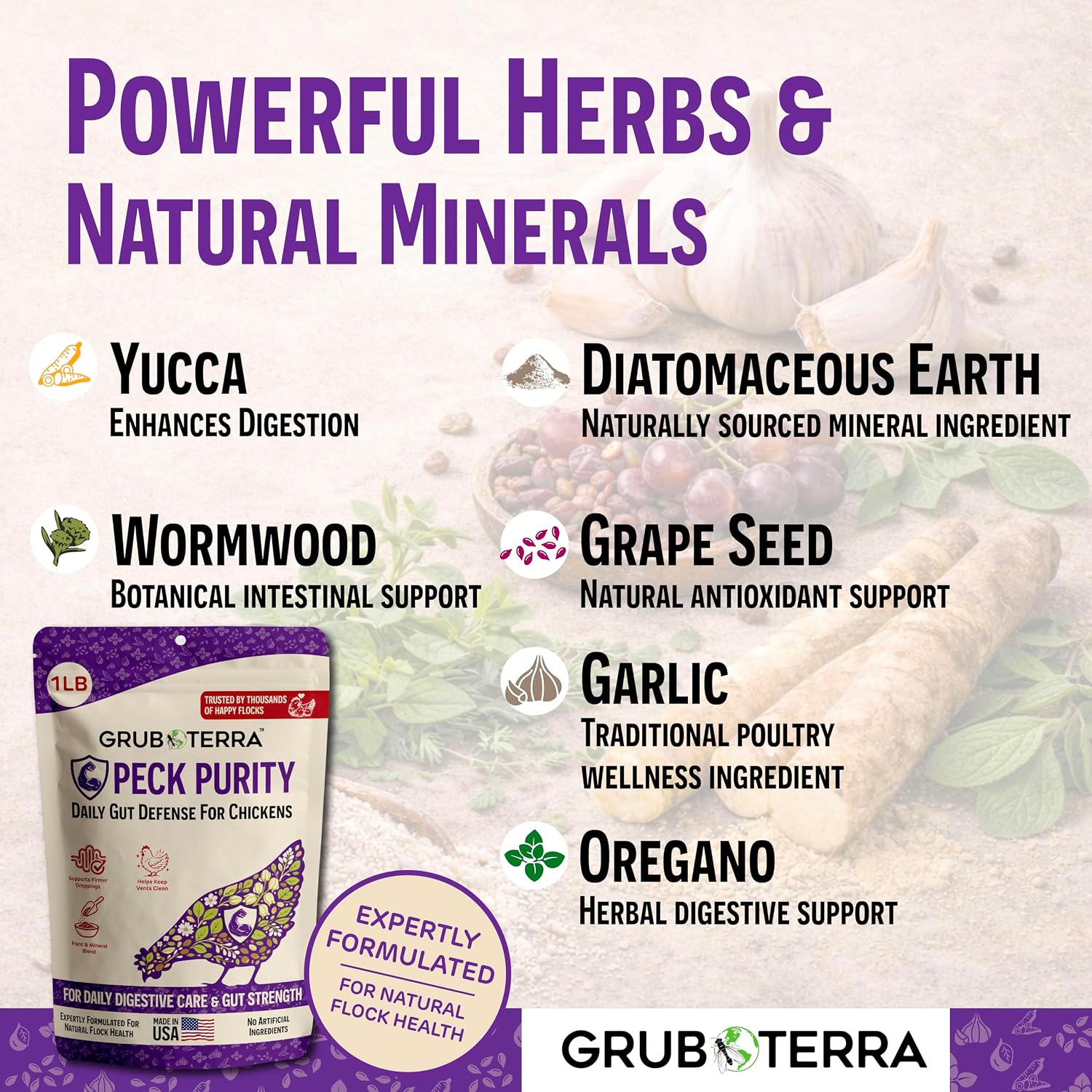 GrubTerra PeckPurity USA imported poultry supplement for cleaner vents and firm droppings