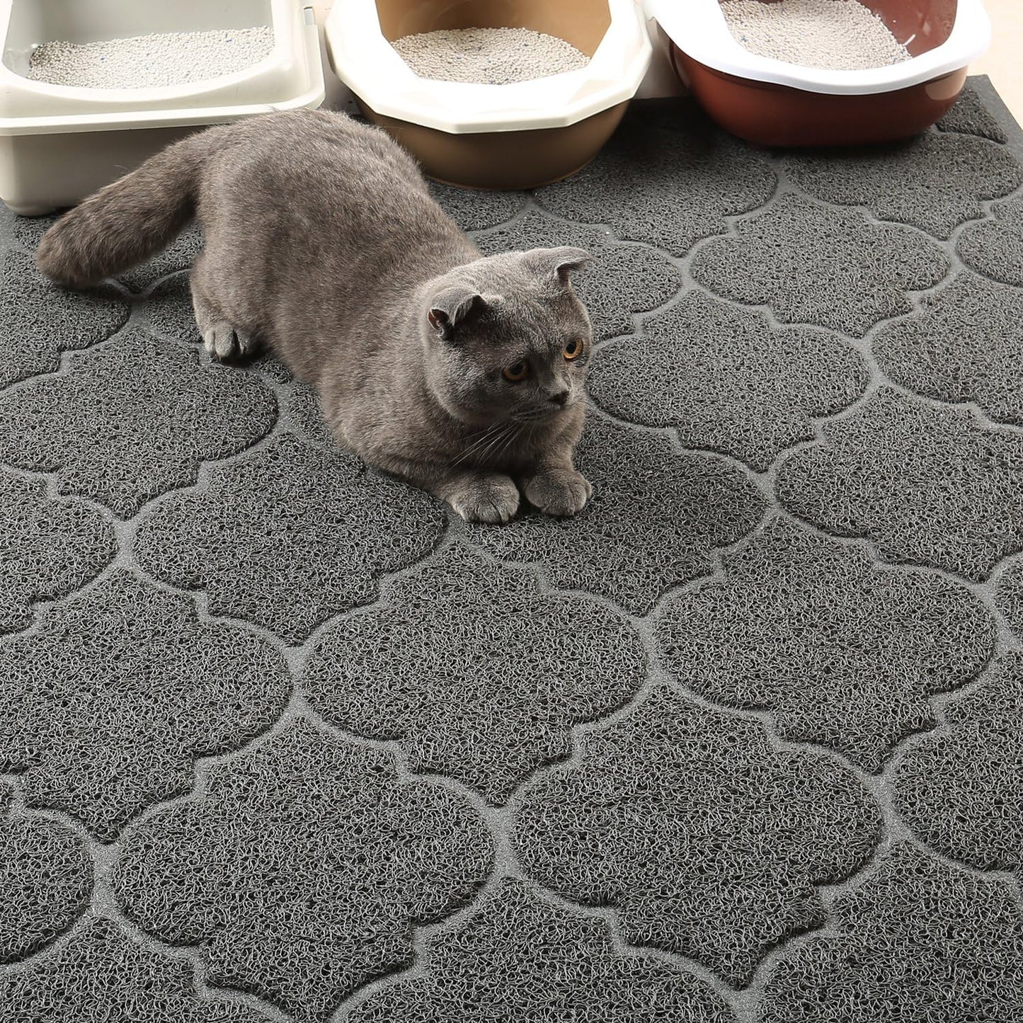 Water resistant Cosyearn pet litter mat protecting wooden floors