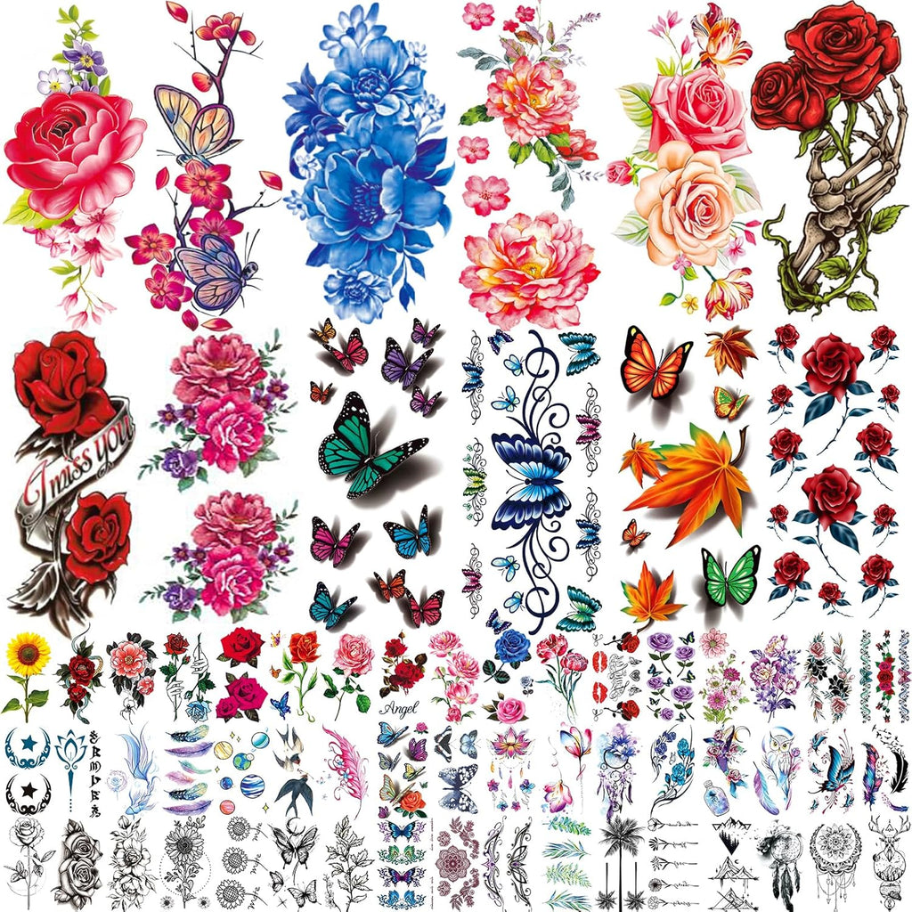 Zomme flowers and butterfly temporary tattoos sticker set front view