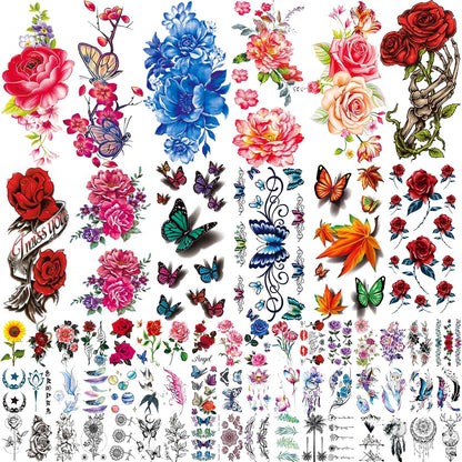 Zomme flowers and butterfly temporary tattoos sticker set front view