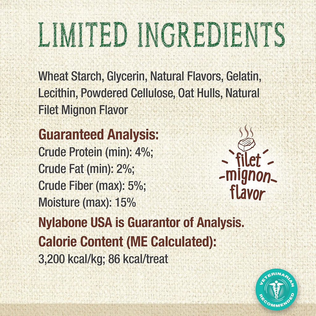 Nylabone Nutri Dent dog treats packaging highlighting teeth cleaning and tartar removal benefits