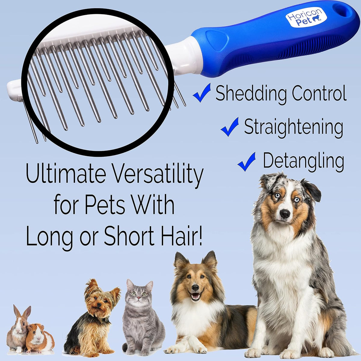 Horicon Pet pet grooming comb side view displaying the sturdy construction and rounded pin tips